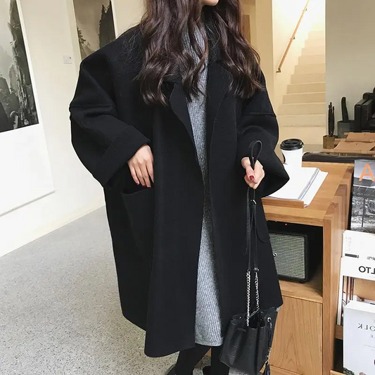 Women’s Oversized Coat – Wool Blend – Open Front – Relaxed Fit – Knee Length – Pockets