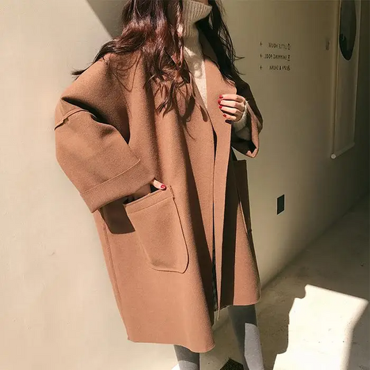 Women’s Oversized Coat – Wool Blend – Open Front – Relaxed Fit – Knee Length – Pockets