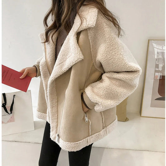 Women’s Oversized Jacket – Brushed Finish – Sherpa Lining – Zipper Closure – Hip Length