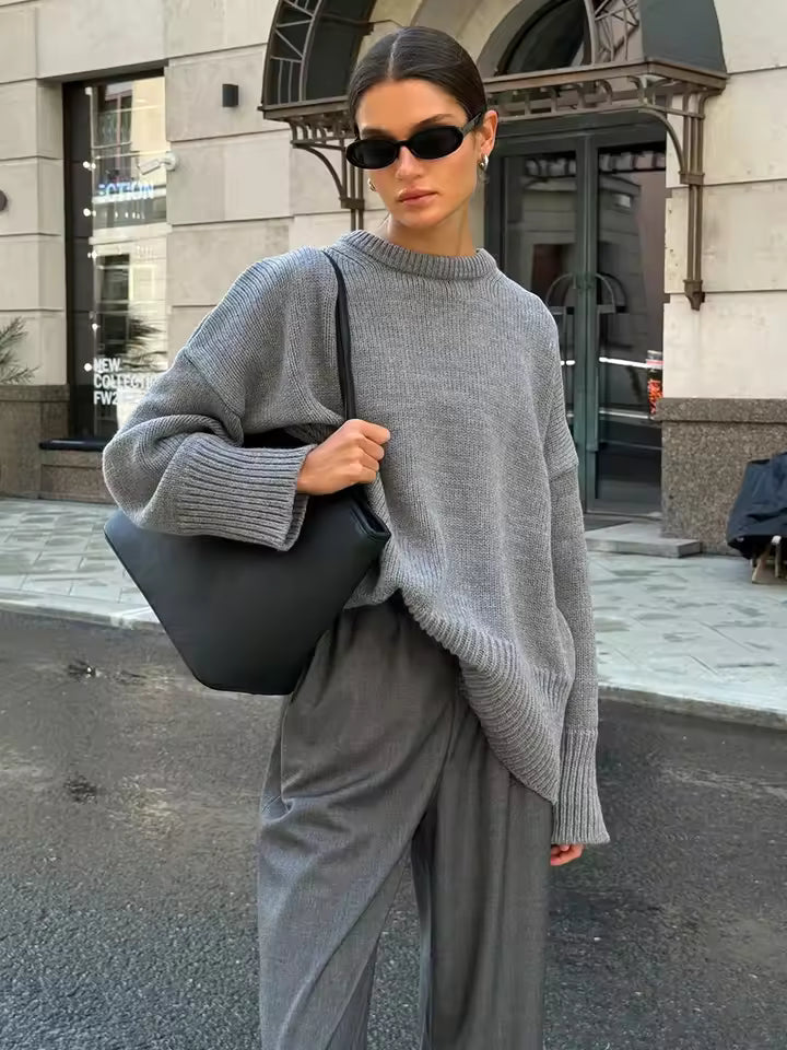 Women’s Oversized Sweater – Knit Wool Blend – Longline – Wide Crew Neck – Side Slits