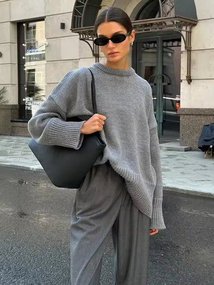 Women’s Oversized Sweater – Knit Wool Blend – Longline – Wide Crew Neck – Side Slits