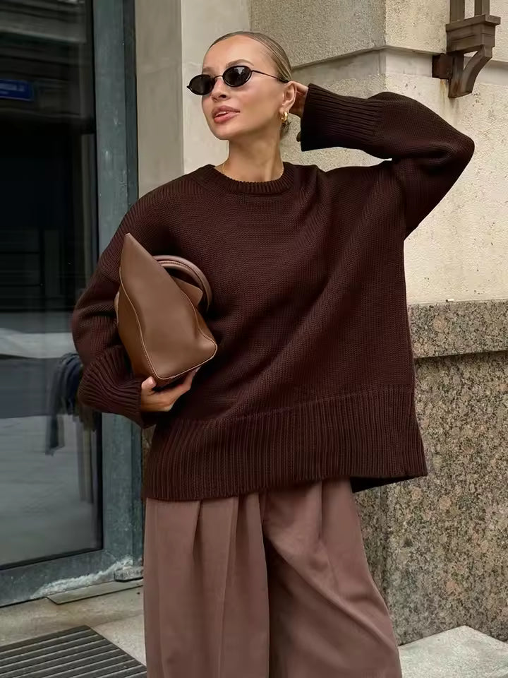 Women’s Oversized Sweater – Knit Wool Blend – Longline – Wide Crew Neck – Side Slits