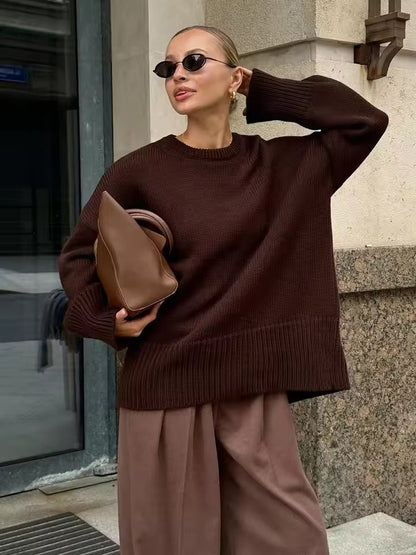 Women’s Oversized Sweater – Knit Wool Blend – Longline – Wide Crew Neck – Side Slits
