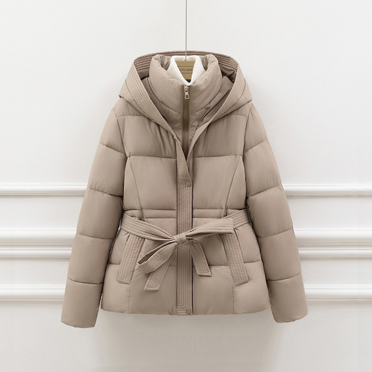 Women’s Padded Coat – Slim Fit – Quilted Insulation – Hooded with Tie Waist