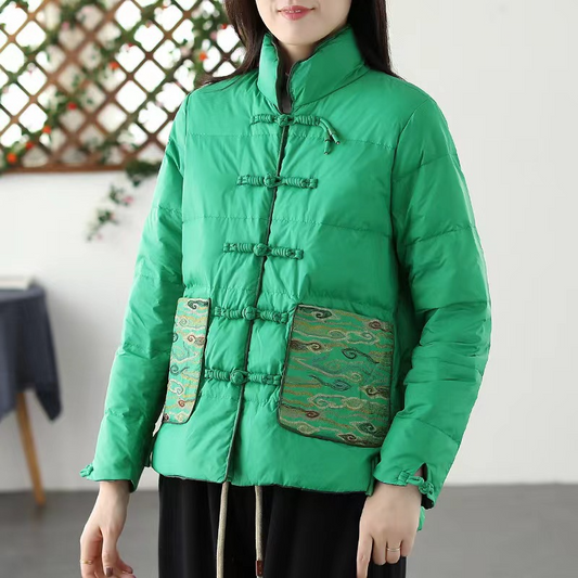 Women’s Padded Jacket – Loose Fit – Quilted Texture – Stand Collar – Embroidered Pockets