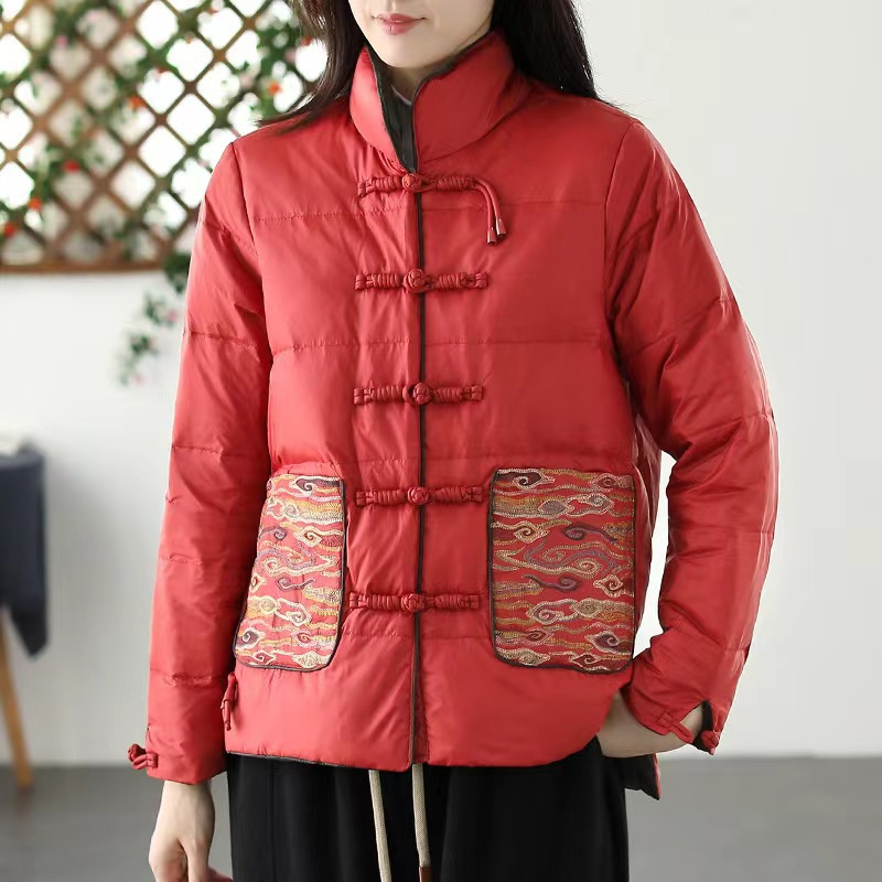 Women’s Padded Jacket – Loose Fit – Quilted Texture – Stand Collar – Embroidered Pockets