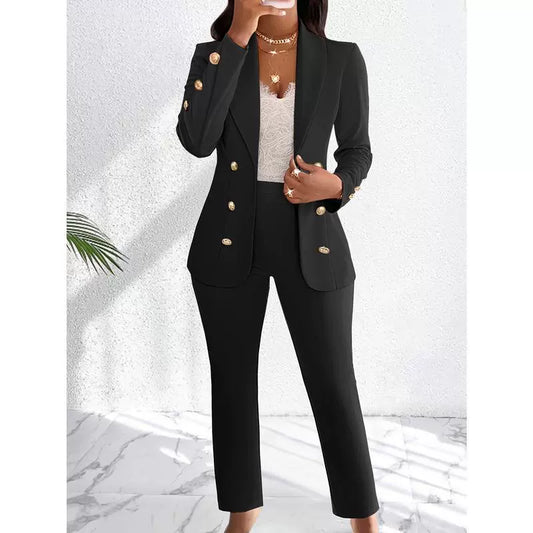 Women’s Pants Set – Slim Fit Tailored Blazer – Double-Breasted – Straight Leg Trousers