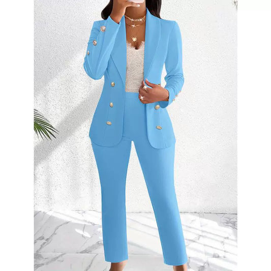 Women’s Pants Set – Slim Fit Tailored Blazer – Double-Breasted – Straight Leg Trousers