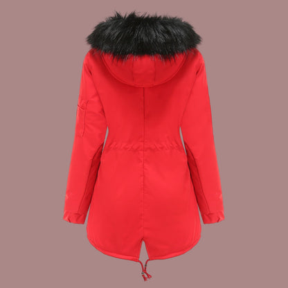 Women’s Parka Coat – Padded Insulated Mid-Length – Faux Fur Hood – Adjustable Waist