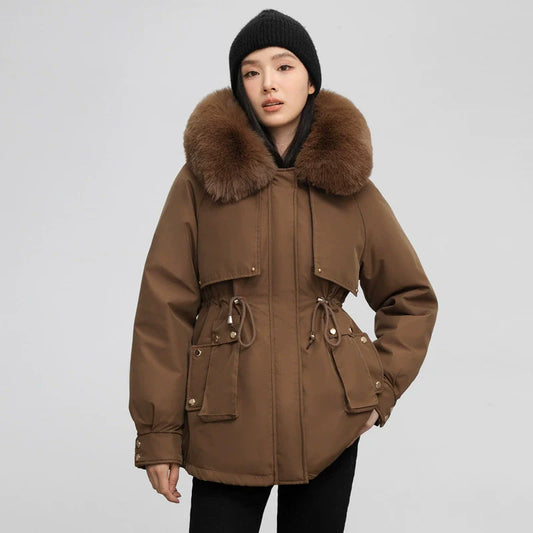 Women’s Parka Jacket – Water-Resistant – Detachable Faux Fur Collar – Adjustable Waist