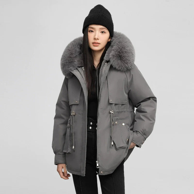 Women’s Parka Jacket – Water-Resistant – Detachable Faux Fur Collar – Adjustable Waist