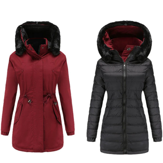 Women’s Parka Jacket – Water-Resistant – Faux Fur Hood – Mid-Thigh Length – Adjustable Waist