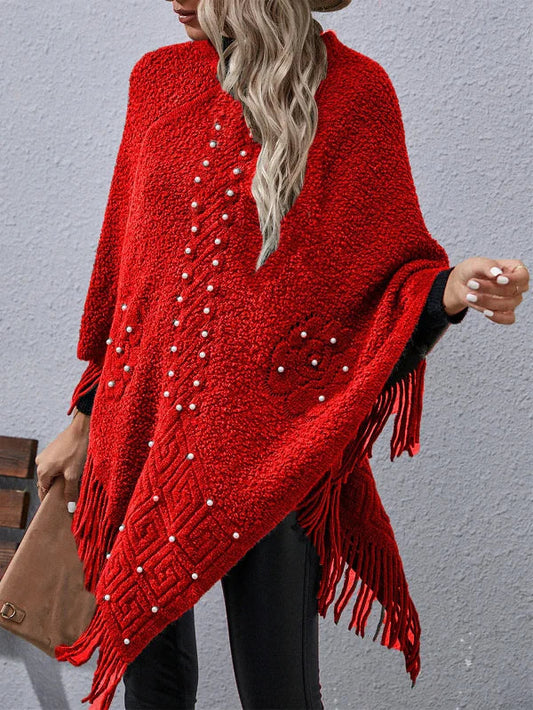 Women’s Poncho – Loose Fit – Wool Blend Feel – Beaded Detail – Fringed Hem – Asymmetrical Cut