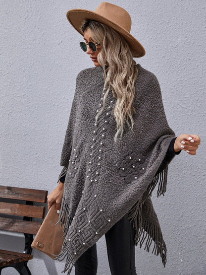 Women’s Poncho – Loose Fit – Wool Blend Feel – Beaded Detail – Fringed Hem – Asymmetrical Cut