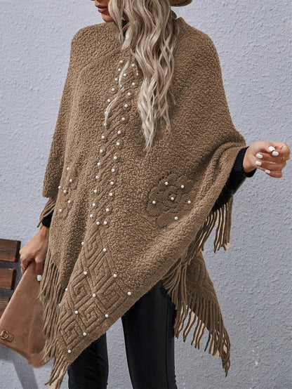 Women’s Poncho – Loose Fit – Wool Blend Feel – Beaded Detail – Fringed Hem – Asymmetrical Cut