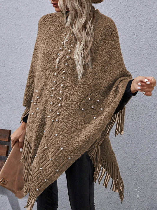 Women’s Poncho – Loose Fit – Wool Blend Feel – Beaded Detail – Fringed Hem – Asymmetrical Cut