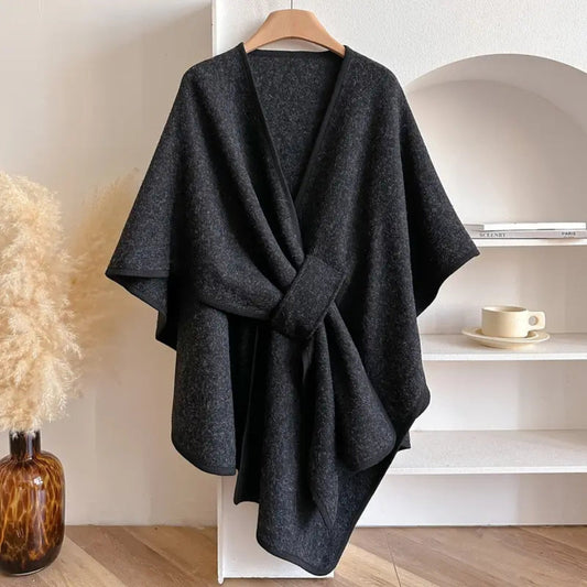 Women’s Poncho Shawl – Wool Look – Draped Fit – Open Front with Waist Belt