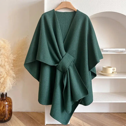Women’s Poncho Shawl – Wool Look – Draped Fit – Open Front with Waist Belt