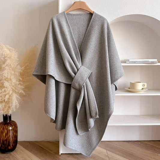 Women’s Poncho Shawl – Wool Look – Draped Fit – Open Front with Waist Belt