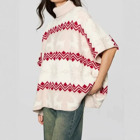 Women’s Poncho Top – Oversized Knit – Ribbed Turtleneck – Jacquard Pattern – Button Sides