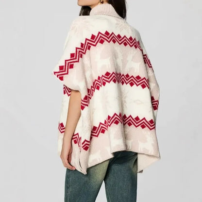 Women’s Poncho Top – Oversized Knit – Ribbed Turtleneck – Jacquard Pattern – Button Sides