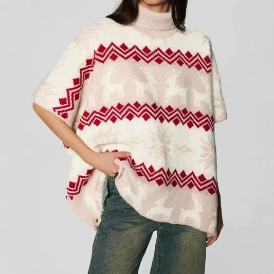 Women’s Poncho Top – Oversized Knit – Ribbed Turtleneck – Jacquard Pattern – Button Sides