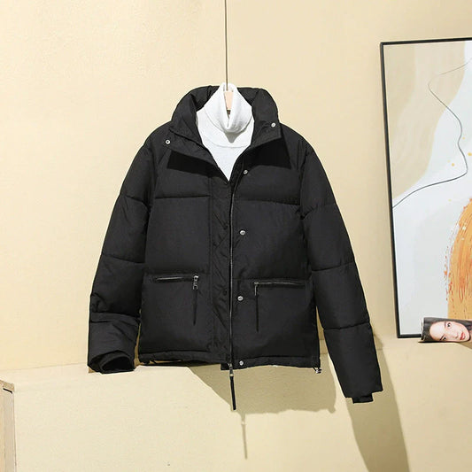 Women’s Puffer Coat – Quilted Insulated – Relaxed Boxy Fit – Cropped with Stand Collar