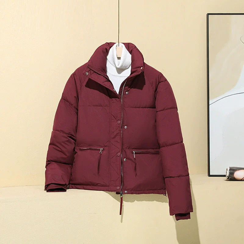 Women’s Puffer Coat – Quilted Insulated – Relaxed Boxy Fit – Cropped with Stand Collar