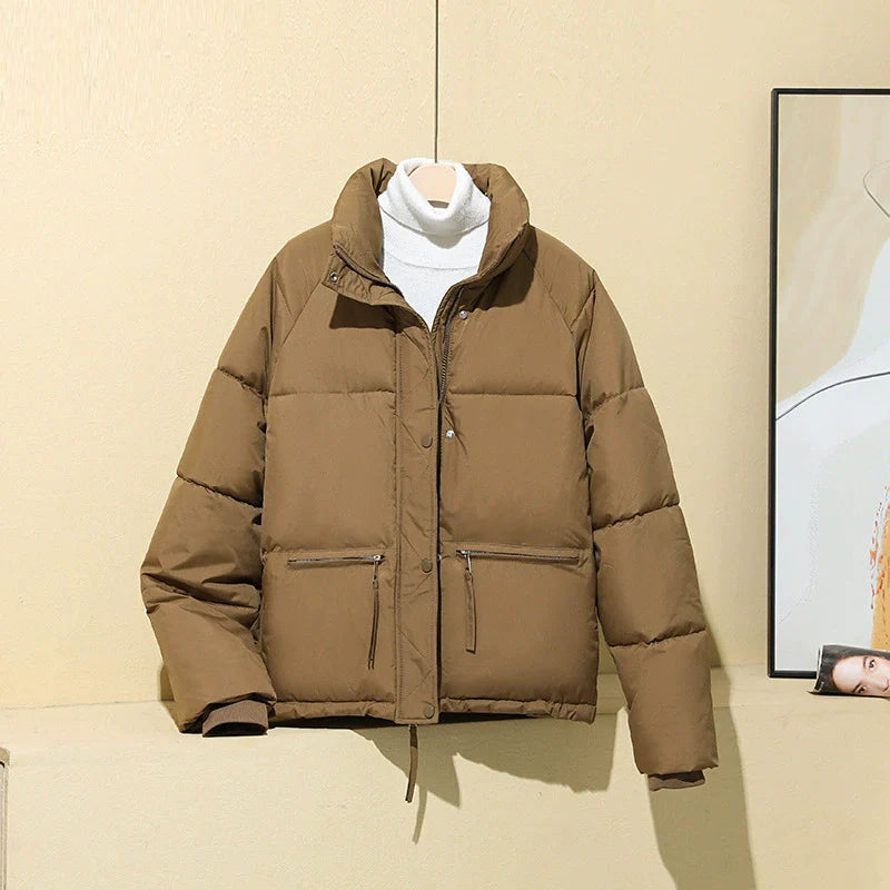 Women’s Puffer Coat – Quilted Insulated – Relaxed Boxy Fit – Cropped with Stand Collar