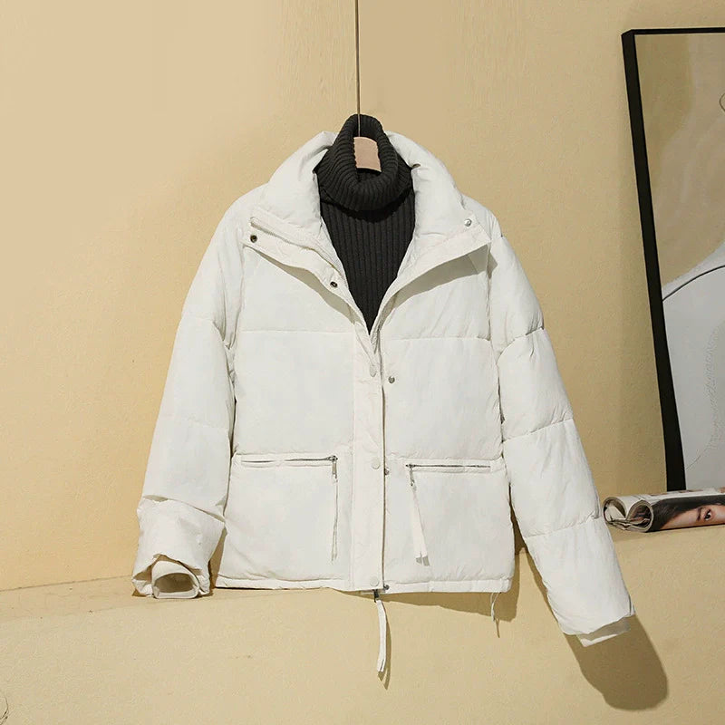 Women’s Puffer Coat – Quilted Insulated – Relaxed Boxy Fit – Cropped with Stand Collar