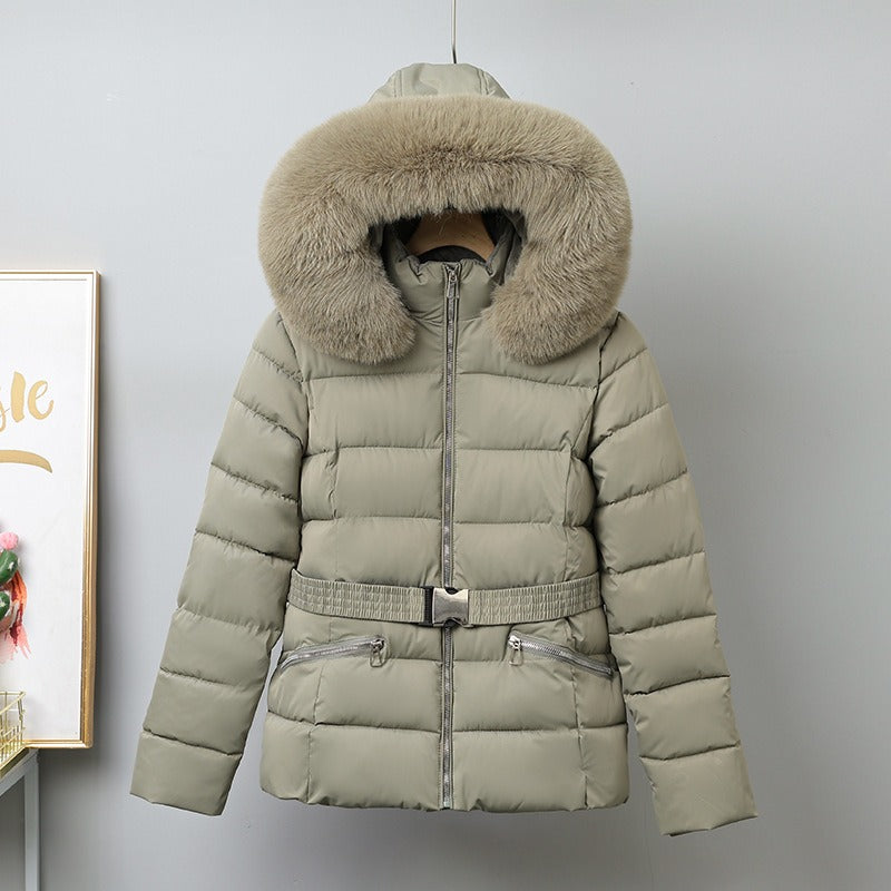 Women’s Puffer Coat – Quilted Insulation – Belted Waist – Removable Fur Hood