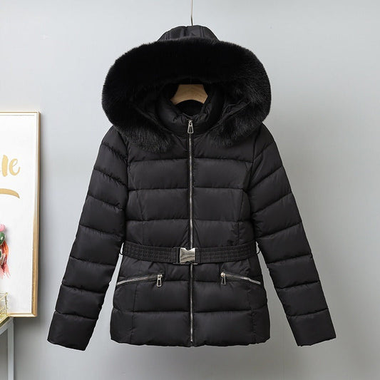 Women’s Puffer Coat – Quilted Insulation – Belted Waist – Removable Fur Hood