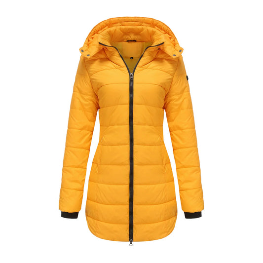 Women’s Puffer Jacket – Insulated Padding – Detachable Hood – Mid-Length Fit – Ribbed Cuffs