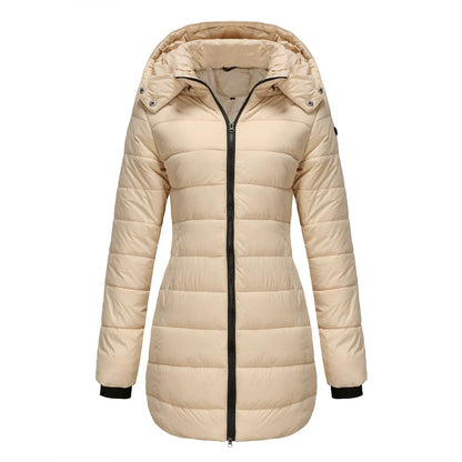 Women’s Puffer Jacket – Insulated Padding – Detachable Hood – Mid-Length Fit – Ribbed Cuffs