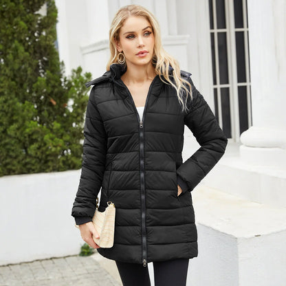 Women’s Puffer Jacket – Insulated Padding – Detachable Hood – Mid-Length Fit – Ribbed Cuffs