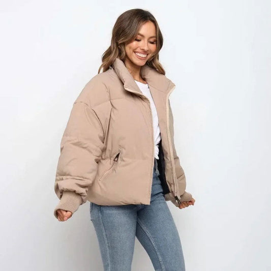 Women’s Puffer Jacket – Oversized Fit – Cropped Length – Stand Collar – Ribbed Cuffs