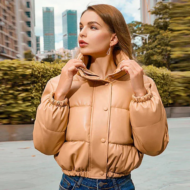 Women’s Puffer Jacket – Oversized Fit – High Collar – Quilted – Cropped Length