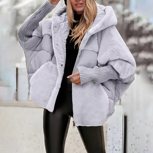 Women’s Puffer Jacket – Oversized Fit – Quilted Hooded Design – Ribbed Cuffs – Hip Length