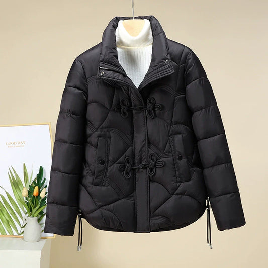 Women’s Puffer Jacket – Quilted Geometric Pattern – Frog Button – Adjustable Hem