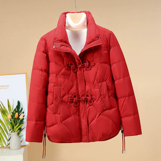 Women’s Puffer Jacket – Quilted Geometric Pattern – Frog Button – Adjustable Hem