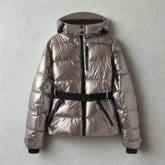 Women’s Puffer Jacket – Quilted Insulated – Belted Waist – Hooded High Collar