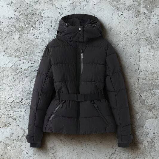 Women’s Puffer Jacket – Quilted Insulated – Belted Waist – Hooded High Collar