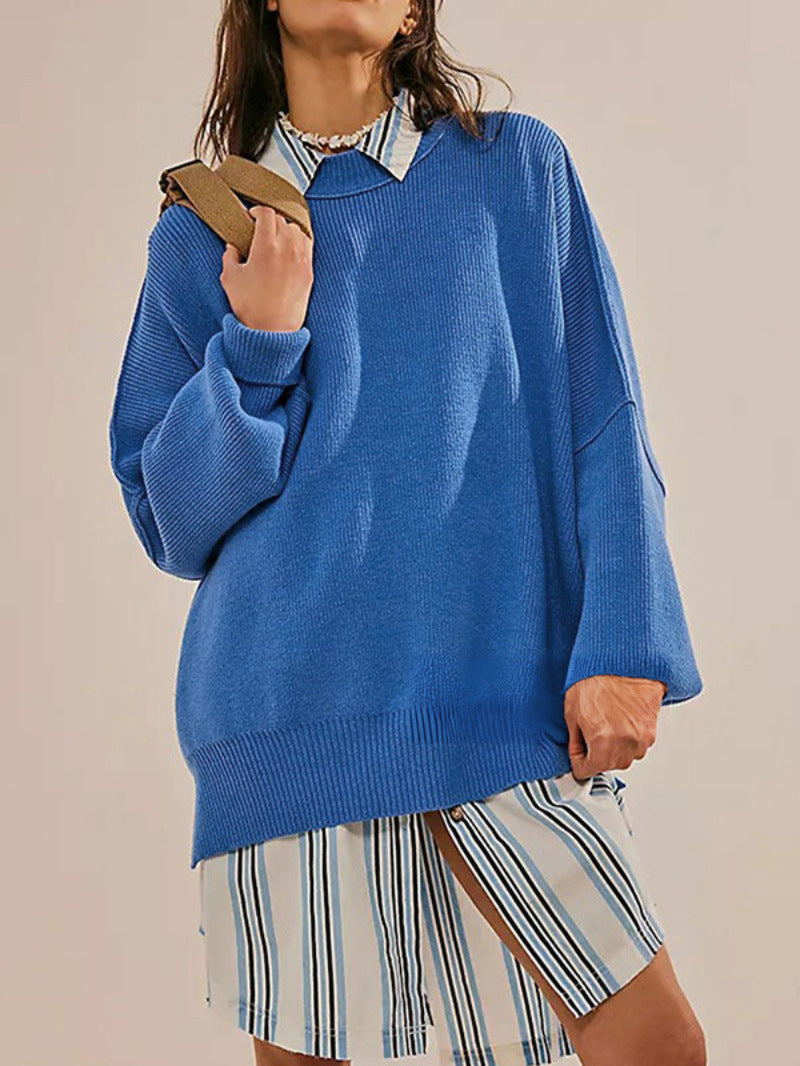Women’s Pullover Knit Sweater – Oversized Fit – Long Sleeve – Textured – Side Slits