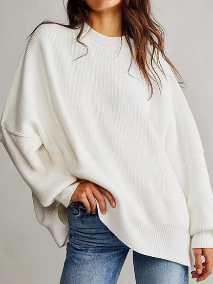 Women’s Pullover Knit Sweater – Oversized Fit – Long Sleeve – Textured – Side Slits