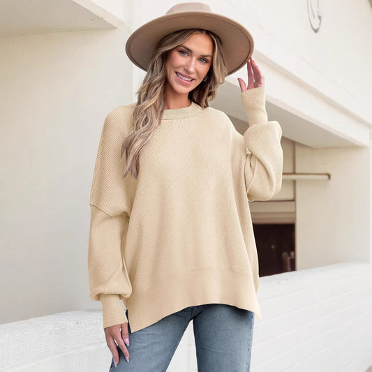 Women’s Pullover Knit Sweater – Oversized Fit – Long Sleeve – Textured – Side Slits