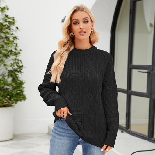 Women’s Pullover Sweater – Loose Fit – Mixed Knit Patterns – Crew Neck – Ribbed Trim