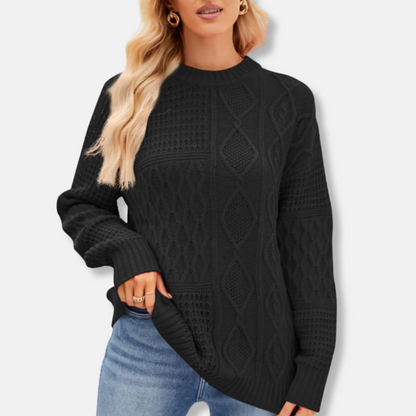 Women’s Pullover Sweater – Loose Fit – Mixed Knit Patterns – Crew Neck – Ribbed Trim