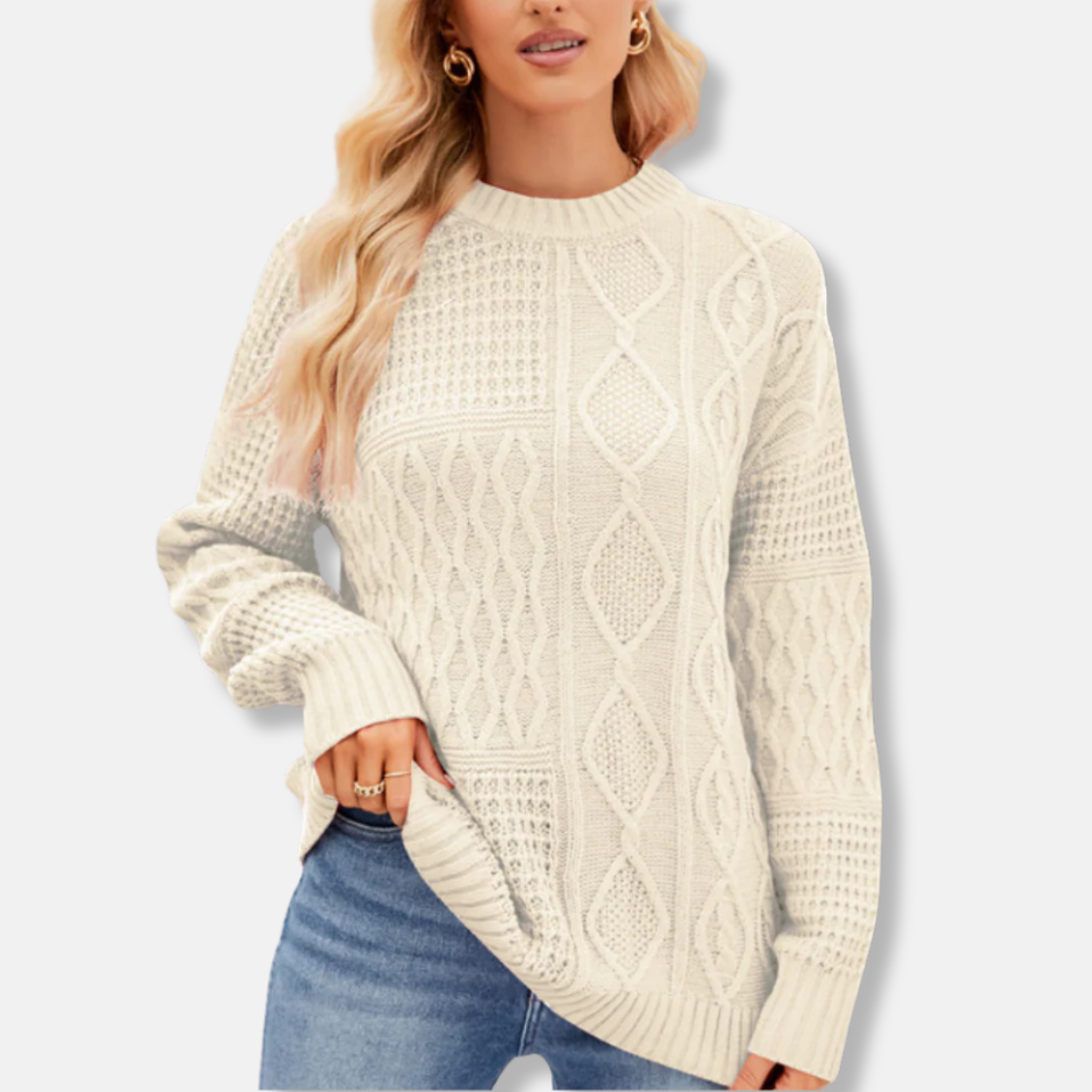 Women’s Pullover Sweater – Loose Fit – Mixed Knit Patterns – Crew Neck – Ribbed Trim