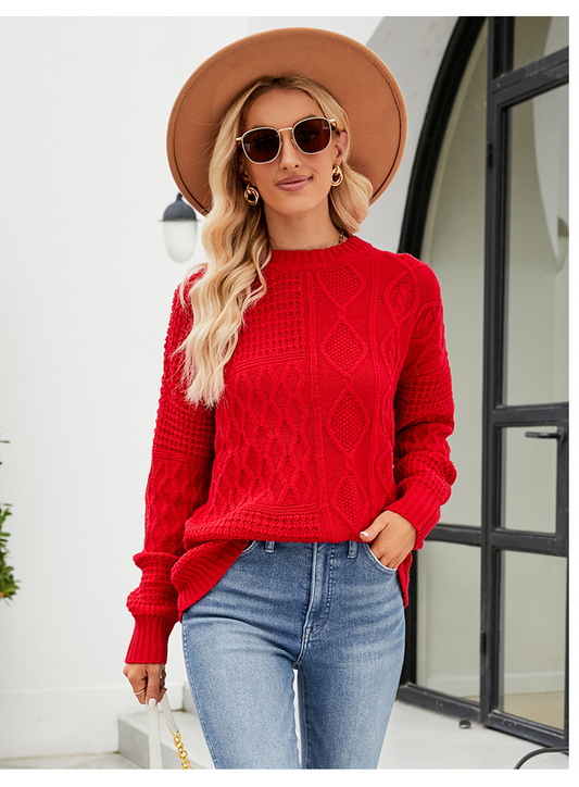 Women’s Pullover Sweater – Loose Fit – Mixed Knit Patterns – Crew Neck – Ribbed Trim