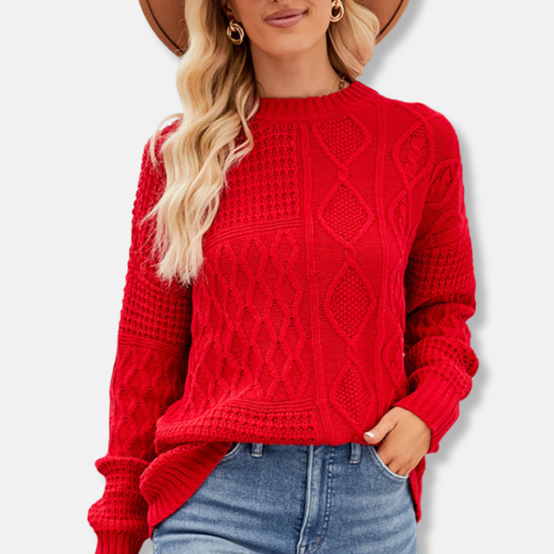 Women’s Pullover Sweater – Loose Fit – Mixed Knit Patterns – Crew Neck – Ribbed Trim